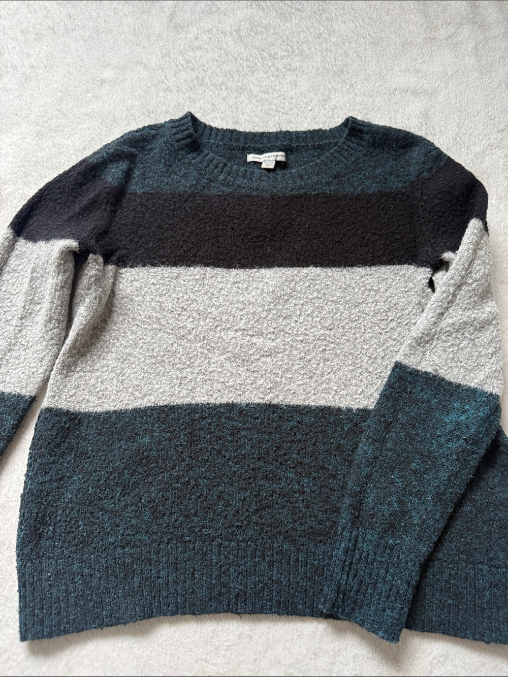 American Eagle Outfitters Striped Crewneck Sweater in Teal, Black & Light Gray